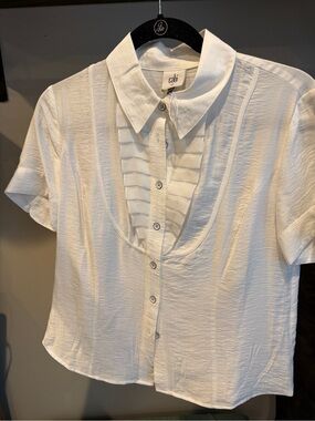 CAbi Tuxedo Blouse White Short Sleeve Button-Front Ruffled Placket Blouse